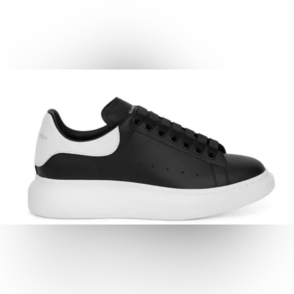 Alexander McQueen Black Leather Sneaker with White Heel Accent